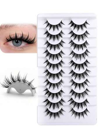 Asiteo 10 Pairs Cartoon Fairy Style Sharp Anime False Eyelashes, Natural Look For Beginners, Suitable For Daily Dates, Bridal Makeup, Transparent Band, Comfortable Wear, Upper Lashes, Realistic Lashes, Full Strip False Eyelashes, Long Lasting & Thick, Makeup, False Eyelashes