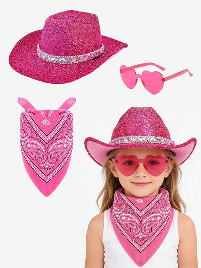 3件套西部牛仔派对帽套装，包含装饰眼镜和围巾，男女通用，适合户外聚会 - 黄色、白色、黑色、酒红色、蓝色，最适合情人节角色扮演、时尚装扮，适合女孩