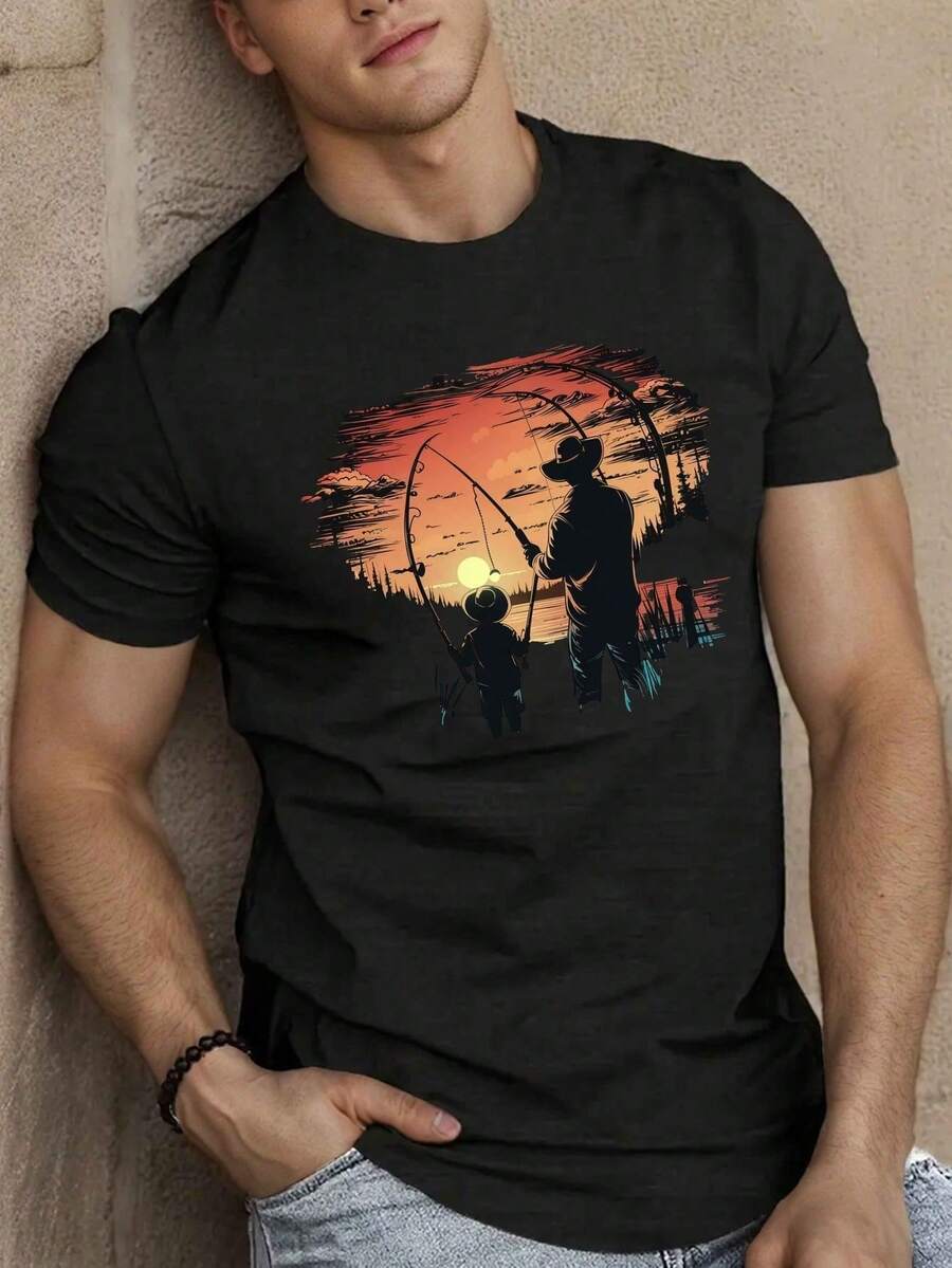 Camiseta de manga corta para hombre con estampado de padre e hijo pescando, camiseta de verano - Negro - Ver 1