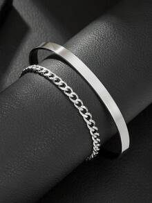 2pcs Punk Hiphop Stainless Steel Chain Bracelet Set, Suitable For Teenage Boys, Vintage Silver Minimalist Bracelet & Bangle, Best Gift For Friends, Daily Wear - Multicolor - View 4