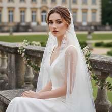 1pc Handmade 3D Floral Beaded Bridal Veil Headpiece - Multicolor - View 3