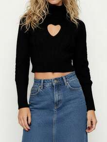 Women's Valentine's Day Knit Sweater Long Sleeve High Neck Hollow Heart Knitwear Tops - Black - View 2