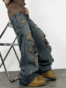 1条男士复古做旧破洞毛边牛仔裤，宽松阔腿休闲嘻哈街头牛仔水洗裤 - 霧霾藍 - 查看 4