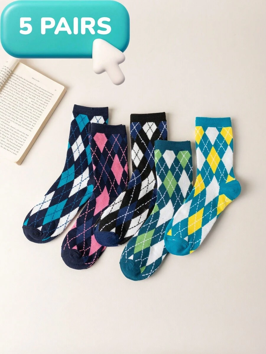 5 Pairs Men's Retro Diamond Geometric Pattern Sports Crew Socks