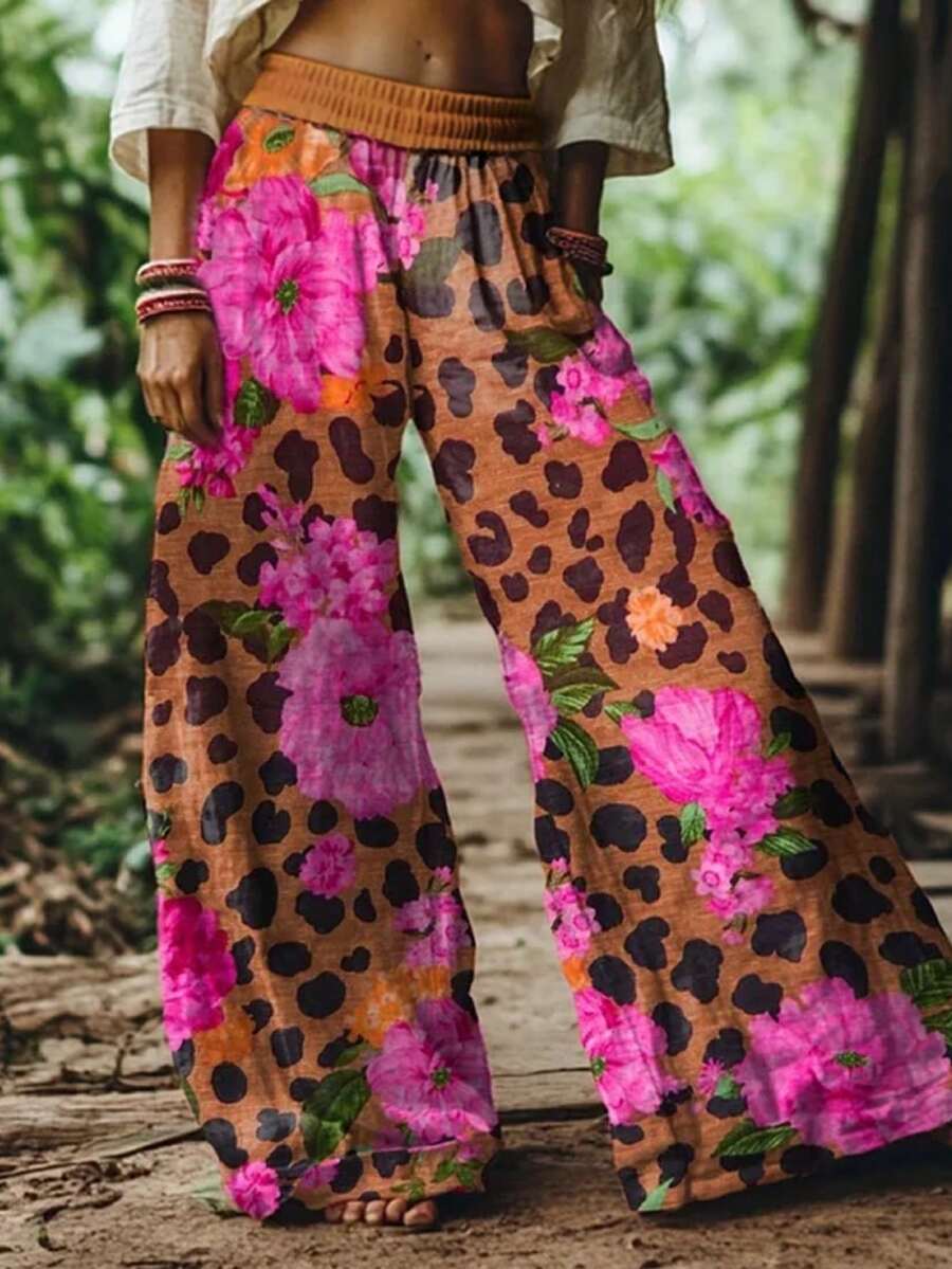 2026 Spring Summer New Arrival Bohemian Women's Pants - Orange Brown Black Spot Fuchsia Floral Print High Waist Wide Leg Woven Pants - 玫紅色 - 查看 1