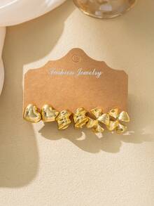 6-18pcs Mini Gold-Tone Earring Set (Includes Earring Studs), Heart & Bow Design, CCB Material, Suitable For Daily Wear - Gold - View 10