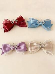 1PC Red Princess Hairpin Three-Dimensional Diamond Crown Fabric Mesh Bow Hairpin Girl's Hair Accessories Bangs Clip Daily Versatile Headwear (Paper Card Is For Display Only)