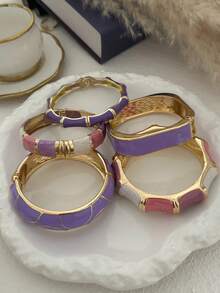 Enamel Patchwork Metal Bracelet, Luxury Purple & Pink Contrast Multi-Layer Open Cuff Bracelet For Women - Purple Powder - View 7