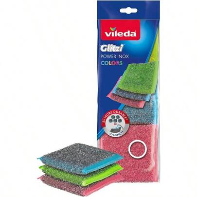Vileda Glitzi Power - Esponjas abrasivas de Acero Inoxidable de Colores Exterior de Acero Inoxidable Muy higiénico extraordinario Poder de Limpieza Duradero y Resistente Elimina fácilmente la