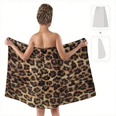 1/2pcs Leopard Print Bathrobe And Hair Towel Set, Retro Colorful Pattern Sauna Skirt And Matching Headwrap, Hair Drying Cap And Bathrobe, Super Soft, Highly Absorbent, 100% Polyester, Suitable For Spa And Bathroom Use, Wear After Shower, Adjustable And Lightweight Spa Attire