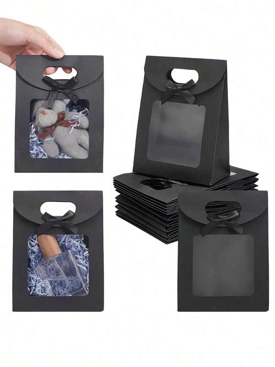 12个优雅黑色礼品袋，带透明窗口，纸质派对礼品袋，带提手和蝴蝶结，非常适合情人节、婚礼、新娘送礼会、生日、母亲节、单身派对等场合！ - 黑色 - 查看 1