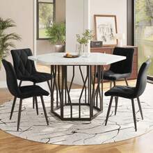 Dining Table And Chair Set (5-Piece Set), Modern Hexagonal Marble Dining Table + 4 Dining Chairs In Green Velvet To Create A Warm And Modern Restaurant - Black - View 2