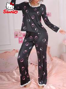 2pcs Sanrio Hello Kitty Women's Sleepwear Set, Round Neck, Lace Trim, Cute Pajama Set, Home Wear, Spring/Summer