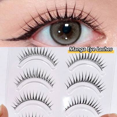  Asiteo 5对装卡通仙女湿妆假睫毛，轻盈动漫假睫毛，自然妆效，尖头娃娃睫毛，卡通睫毛，易于佩戴的上睫毛