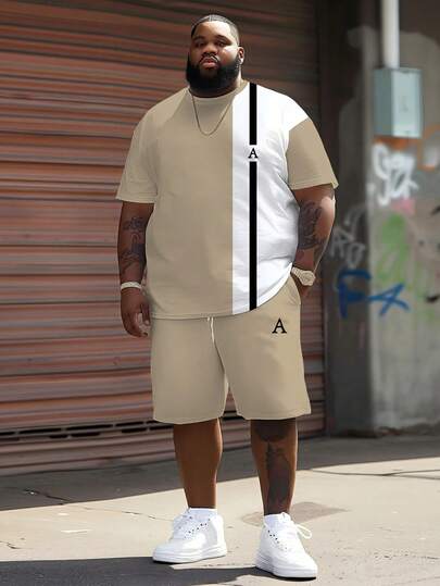 Conjunto deportivo de hombre de estilo casual urbano de la serie "Diseño de patrón de letra A con rayas verticales y color contrastante" - Tela de punto de poliéster, diseño de cuello redondo, con pantalones cortos con cordón, detalles de bolsillo, ajuste regular, adecuado para tallas grandes