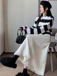 Petite Flowy Pleated Tassel Knit A-Line Skirt, High Waist, Suitable For Pear-Shaped Figures, Spring 2026 Women's Collection - Apricot - View 4