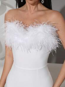 Modphy Strapless Faux Feather Fringe Bandage Bodycon Sexy Mini Dress, Elegant Party/Holiday Dress For Women - White - View 10