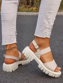 Women's Simple Solid Color Platform Wedge Sandals, Travel Essential, Open Toe Breathable Roman Sandals, Platform Increased Height, Commuting - Beige - View 6