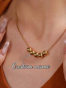 Customized Engraved 1-5 Beaded Necklace, Fashionable Personalized Engraved Pendant Necklace On Cuban Chain, Stainless Steel Minimalist Style Multi-Name Family Holiday Necklace - Gold - View 3