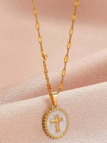 1pc Casual Retro Hong Kong Style French Luxury Chic Oval Multi-Element Low Saturation Necklace