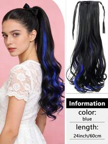 Wavy Curly Ponytail Extensions - 16"-24" Heat Resistant Synthetic With Drawstring, Black Blue Highlights For Holiday Parties Daily Glam - Two-Tone - View 17
