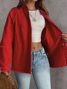 Áo khoác denim dáng rộng tay dài, cài khuy đơn, viền tua rua cỡ lớn dành cho nữ - Đỏ - Xem 4