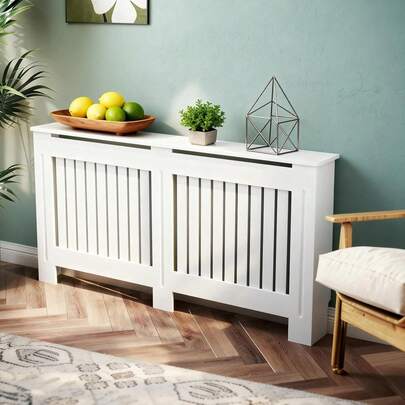 Radiator Cover White Cabinet With Modern Vertical Slatted, Wooden Heater Cover With Grill Shelf, Modern Painted MDF Wood Radiator Cabinet, Decorative Heating Cover For Living Room, Bedroom, Hallway  (152 * 82 * 19cm(H*W*D))