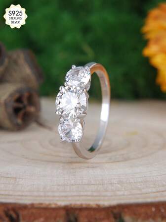 1pc S925 Sterling Silver D Color VVS Clarity Moissanite Engagement Ring, Featuring A 6.5mm Main Stone And 5.0mm Side Stones, Perfect Surprise Gift For Proposal, Engagement, Anniversary For Wife Or Girlfriend