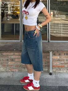 Y2K Streetwear High Waist Distressed Wide Leg Denim Shorts, Knee Length Ripped Jeans Shorts, Women Summer Denim Pants Casual - Retro Blue - View 4