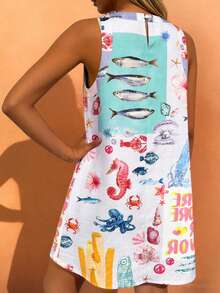 海星热带沙丁鱼海洋世界字母印花连衣裙，时尚度假休闲沙滩装，春夏款