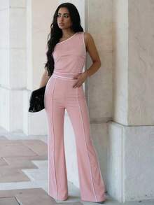 春夏女装时尚休闲两件套，单肩无袖上衣搭配高腰裤 - 粉色 - 查看 1