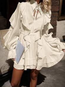 春夏秋季女士迷你连衣裙，优雅雪纺系腰连衣裙，适合新年、度假等各种场合。 - 杏色 - 查看 4