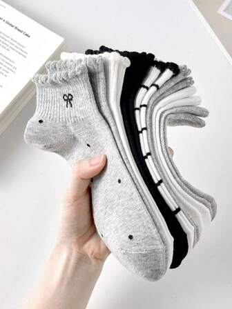 5 pares de calcetines tobilleros de mujer con corazones y lunares, calcetines cortos, calcetines blancos, calcetines negros, calcetines cómodos y casuales hasta el tobillo, calcetines de estilo colegial para estudiantes, adecuados para uso diario y salidas, para todas las estaciones