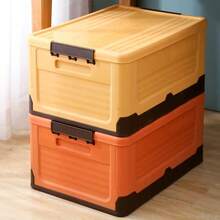 1 pieza Caja de almacenamiento pequeña plegable, diseño a prueba de humedad y ahorro de espacio con tapa abatible de plástico duradero, adecuada para el hogar, maletero del coche, dormitorio, organizador rectangular naranja y azul, estante de almacenamiento para exteriores - Multicolor - Ver 3