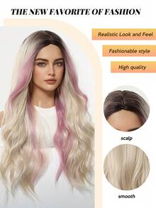 24 Inch Center Parted Long Curly Ombre Pink & Gold Synthetic Heat Resistant Fiber Wig, Women Wigs Suitable For Festivals, Parties And Daily Wear - Pink Highlight - View 3