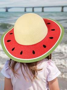 1顶儿童（3-8岁）西瓜印花宽檐草编遮阳帽，夏季沙滩度假玩耍帽 - 西瓜草帽 - 查看 2