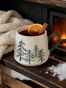 1pc Ceramic Mug With Pine Forest Theme, White Porcelain Base, Green Christmas Tree & Deer Print, Contrasting Handle, Large Capacity For Coffee, Hot Drinks, Hot Cocoa, Suitable For Christmas Living Room, Dining Room, Bedroom, Holiday Gift, Coffee Lovers, Home Decor - Multicolor - View 4