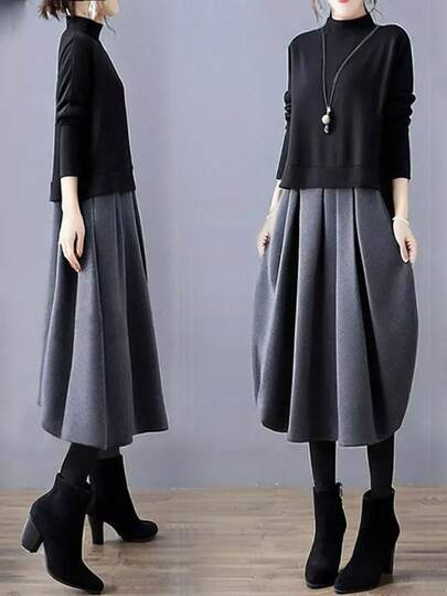 人気の春/秋アイテム：ミディドレス、ベースレイヤードレス、ブラックドレス、長袖、スリムフィットドレス、ファッショナブルでエレガント