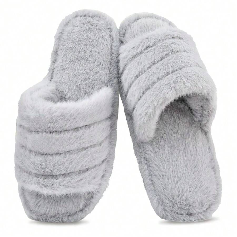 Rosoz Women's Soft Pl 11ush Fuzzy Slippers Memory Foam Anti-Skidsssss Sole House Bedroom Shoes Indoor Outdoor Open Toe FSandssals,Grey-A1112Women910Men - 灰色-a1112女款910男款 - 查看 1