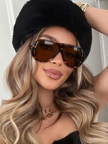 1 Pair Oversized Pilot Style Toad Eye Glasses, American Personalized Glasses, Summer Vacation Beach Accessory, Gradient Color, Women's Fashion Toad Eye Glasses, Suitable For All Seasons, Concave Lens, Same Style - 玳瑁色 - 查看 4