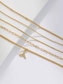 Nooxian 5件套女士脚链套装，波西米亚风夏季海滩度假叠戴款，铜镶嵌锆石美人鱼尾吊坠，镀金回形针链，串珠链，链，海洋系列多层脚链套装，叠戴脚链配饰礼品 - 金黃色 - 查看 4