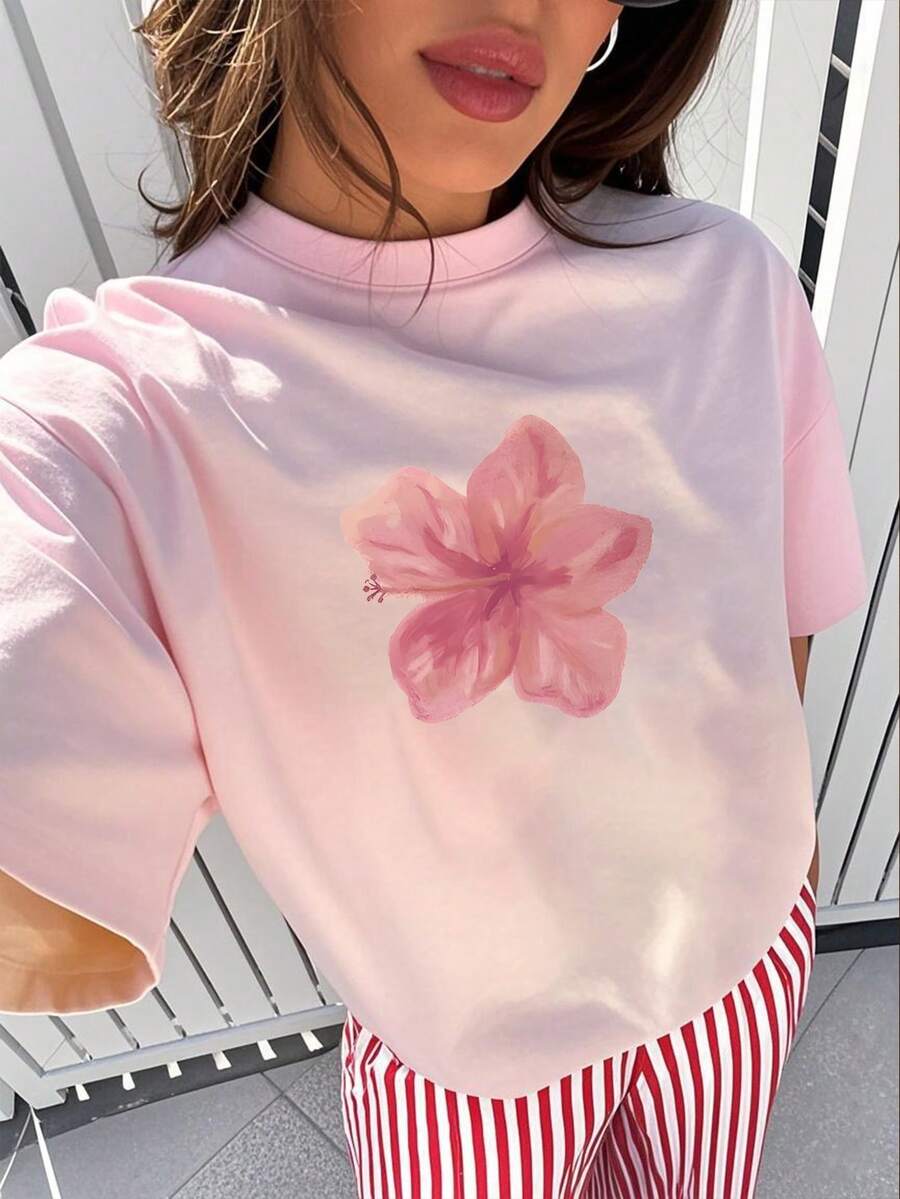 新款女士柔软百搭休闲春夏时尚圆领印花T恤 粉色 - 粉色 - 查看 1