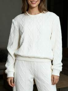 Relaxed Texture Pullover Pants, Long-Sleeved Round-Neck Sportswear And Jogging Pants Combination, Women's Clothing, High-Quality Textured Casual Pullover Set, Releasing A Sense Of Relaxation And Ease - trắng - Xem 1