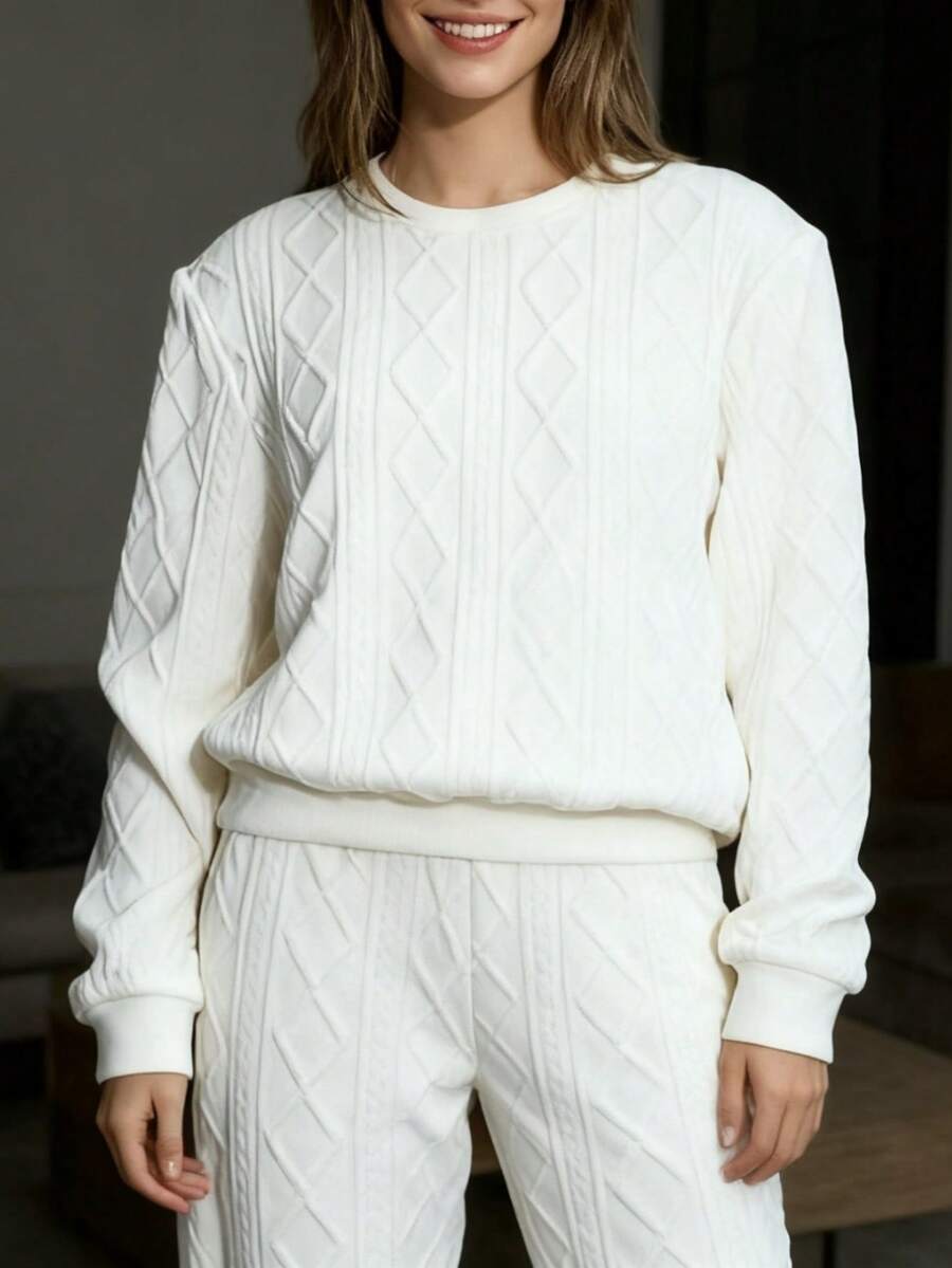 Relaxed Texture Pullover Pants, Long-Sleeved Round-Neck Sportswear And Jogging Pants Combination, Women's Clothing, High-Quality Textured Casual Pullover Set, Releasing A Sense Of Relaxation And Ease - trắng - Xem 1