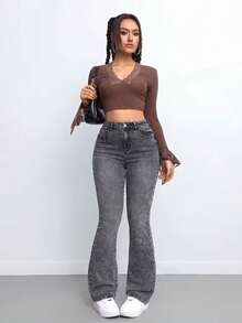 calça jeans feminina estilo flare grafite premium estilosa - Chumbo - Visão 3