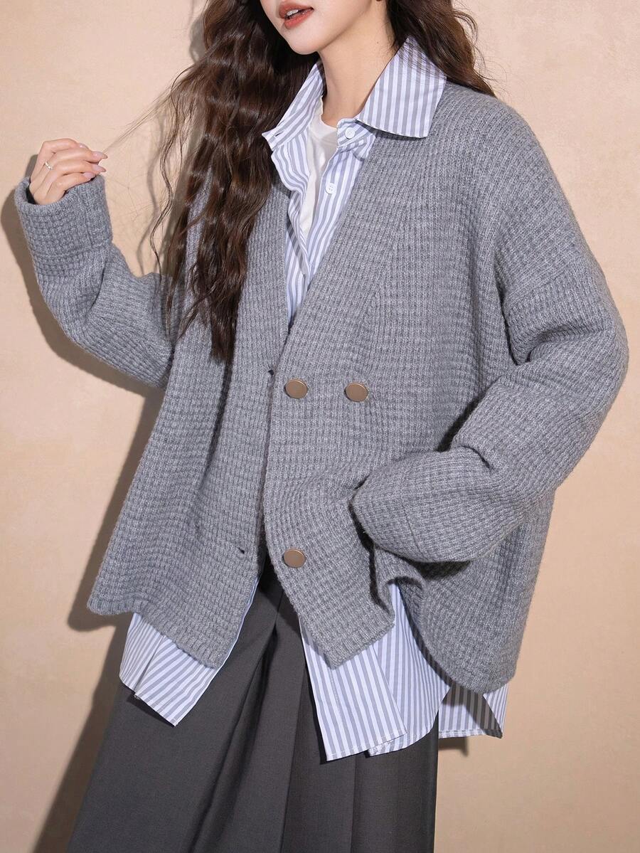 Alicedudu Women's Spring Casual Double-Breasted Knit Cardigan Sweater Jacket - Light Grey - View 1