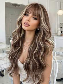 26英寸红棕色铜色长卷发假发，适合女性，蓬松亮泽，带刘海，适合派对和日常佩戴。