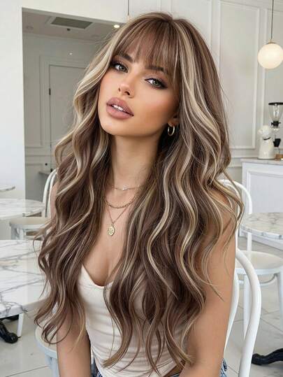 26英寸红棕色铜色长卷发假发，适合女性，蓬松亮泽，带刘海，适合派对和日常佩戴。