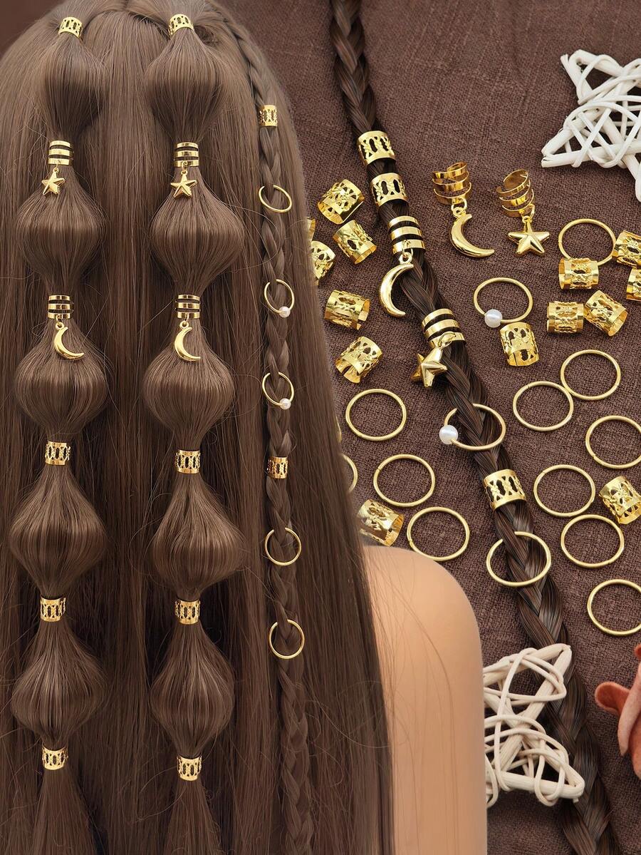 46pcs/Set Vintage Star & Moon Pearl Decorated Hair Scrunchies, Hair Clips, Hair Accessories For Women & Girls - Gold - View 1