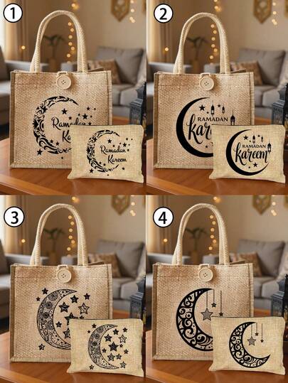 4-Piece Set Ramadan Themed Tote Bag With Star, Moon, And Letter Patterns, "Ramadan Kareem" Printed, Made Of Linen With Button Decor, Suitable For Ramadan, Bismilah, Eid Mubarak, Iftar And Other Occasions. Versatile Casual Tote Bag For Carrying, Lunch, Shopping, Dating, Holidays, Commuting, Daily Use, Also An Ideal Ramadan Gift.